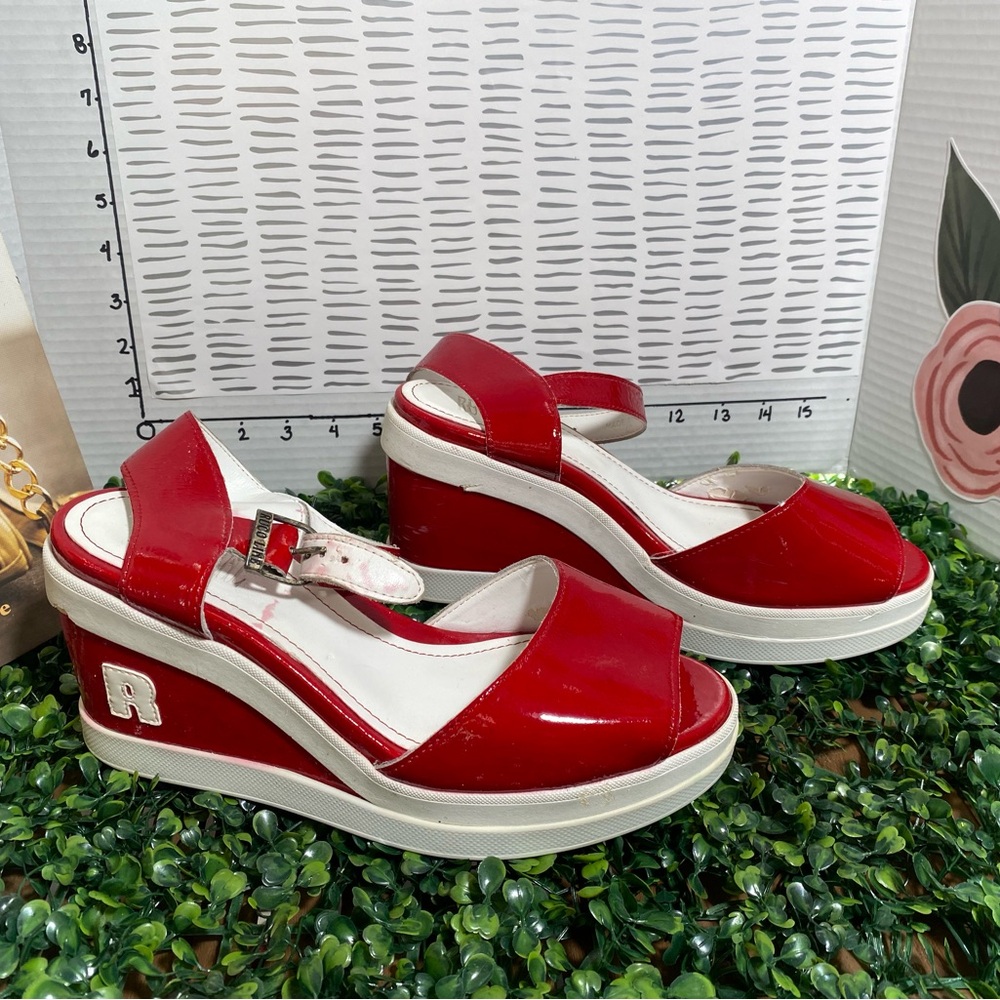 Glossy Red Wedge Sandals with Slingback Strap